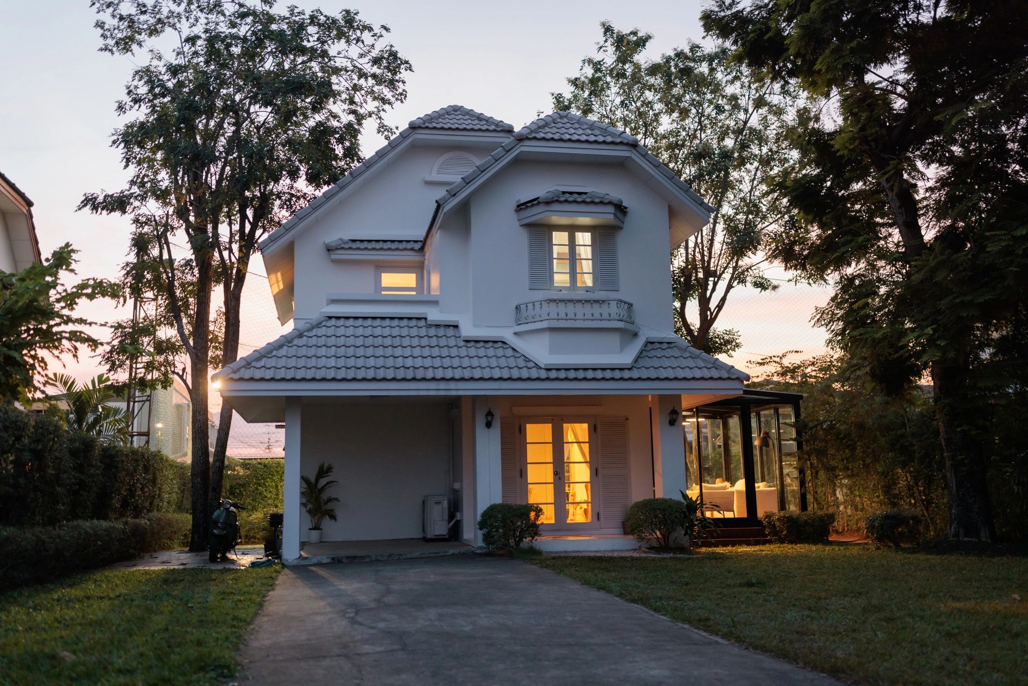 Exterior of a residential house at dusk
